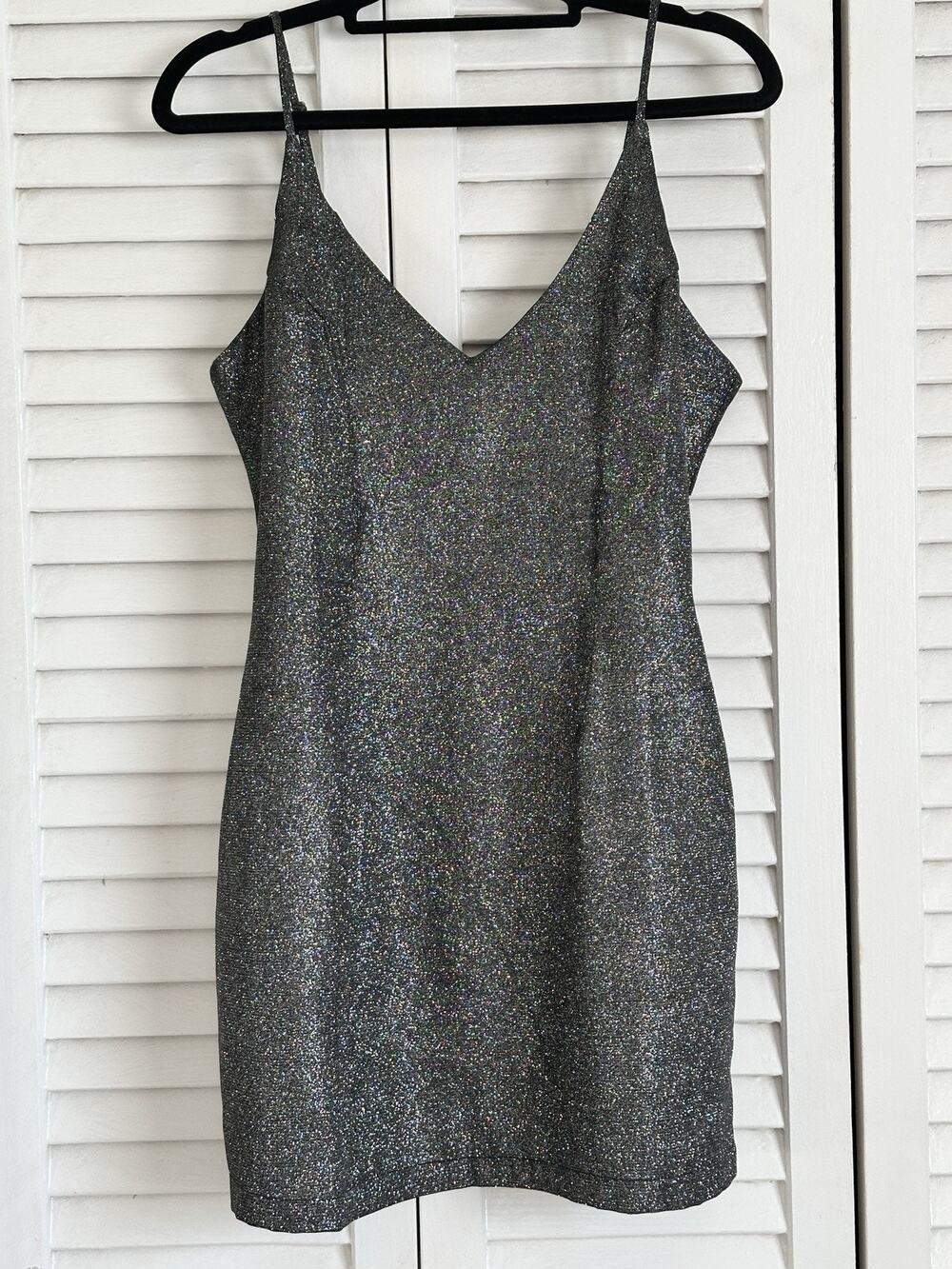 NWT Luxxel Black Glitter Mini Dress W/ Pockets Size Small Bodycon Sparkle Party